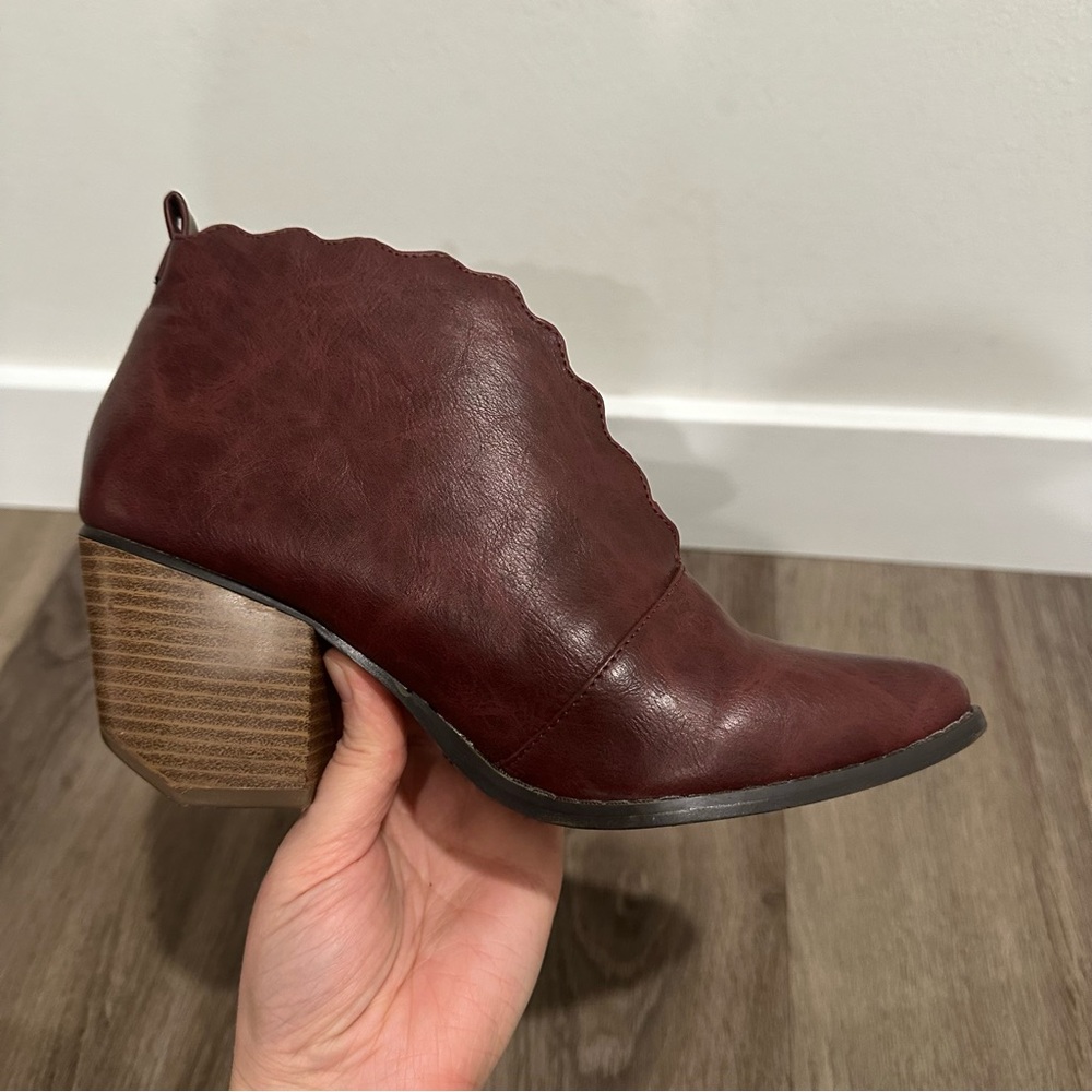 Wild G Burgundy Red Scalloped Edge Heeled Ankle Boots - Picture 7 of 10